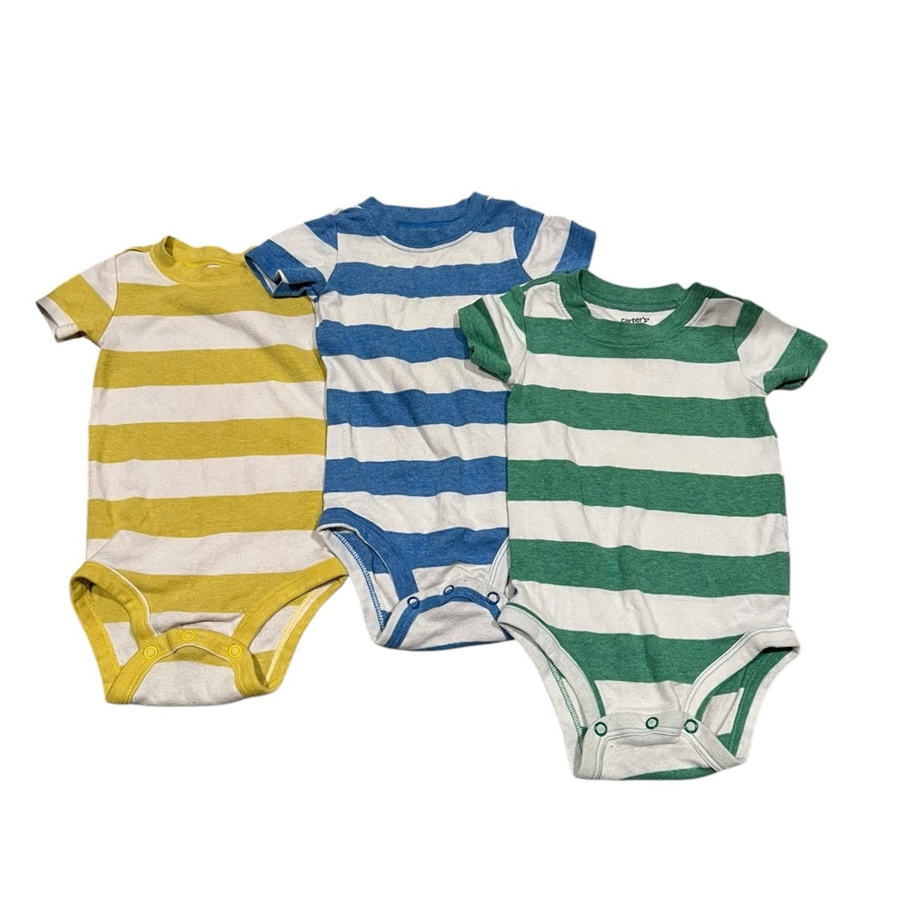 Carter’s 12M Baby Boy Striped Bodysuit Lot – Yellow, Blue & Green